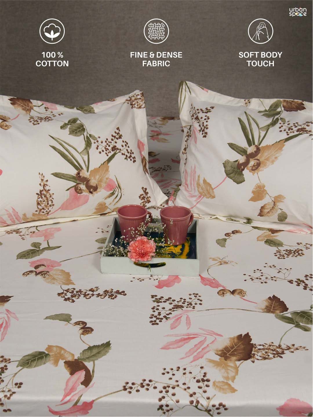 URBAN SPACE White & Peach-Coloured Pure Cotton 200 TC Queen Bedsheet with 2 Pillow Covers