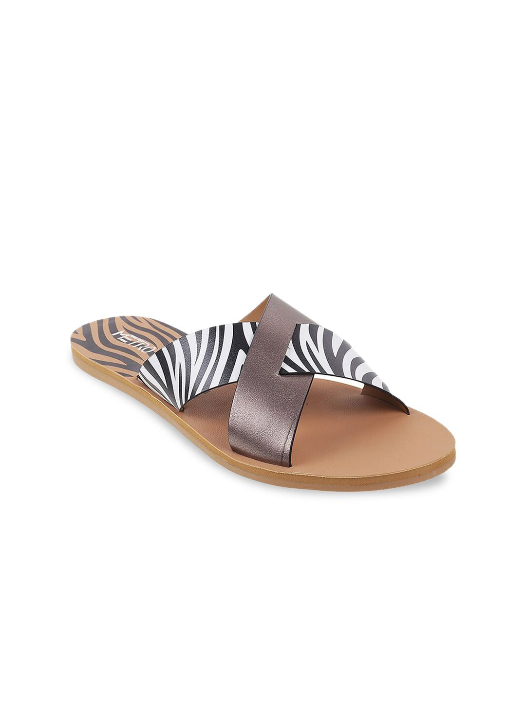 Metro Women Grey Striped Open Toe Flats with Laser Cuts