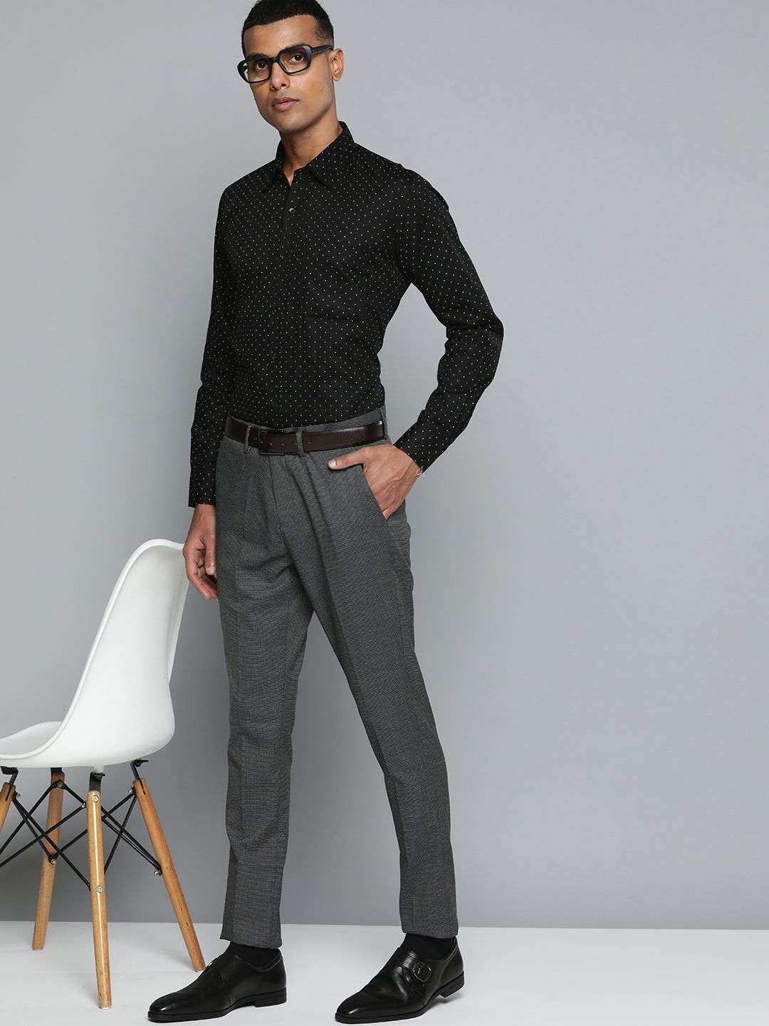 DENNISON Men Black Smart Polka Dots Printed Formal Shirt