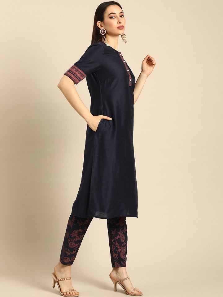all about you Women Navy Blue Ethnic Motifs Printed Regular Kurta with Printed Trousers