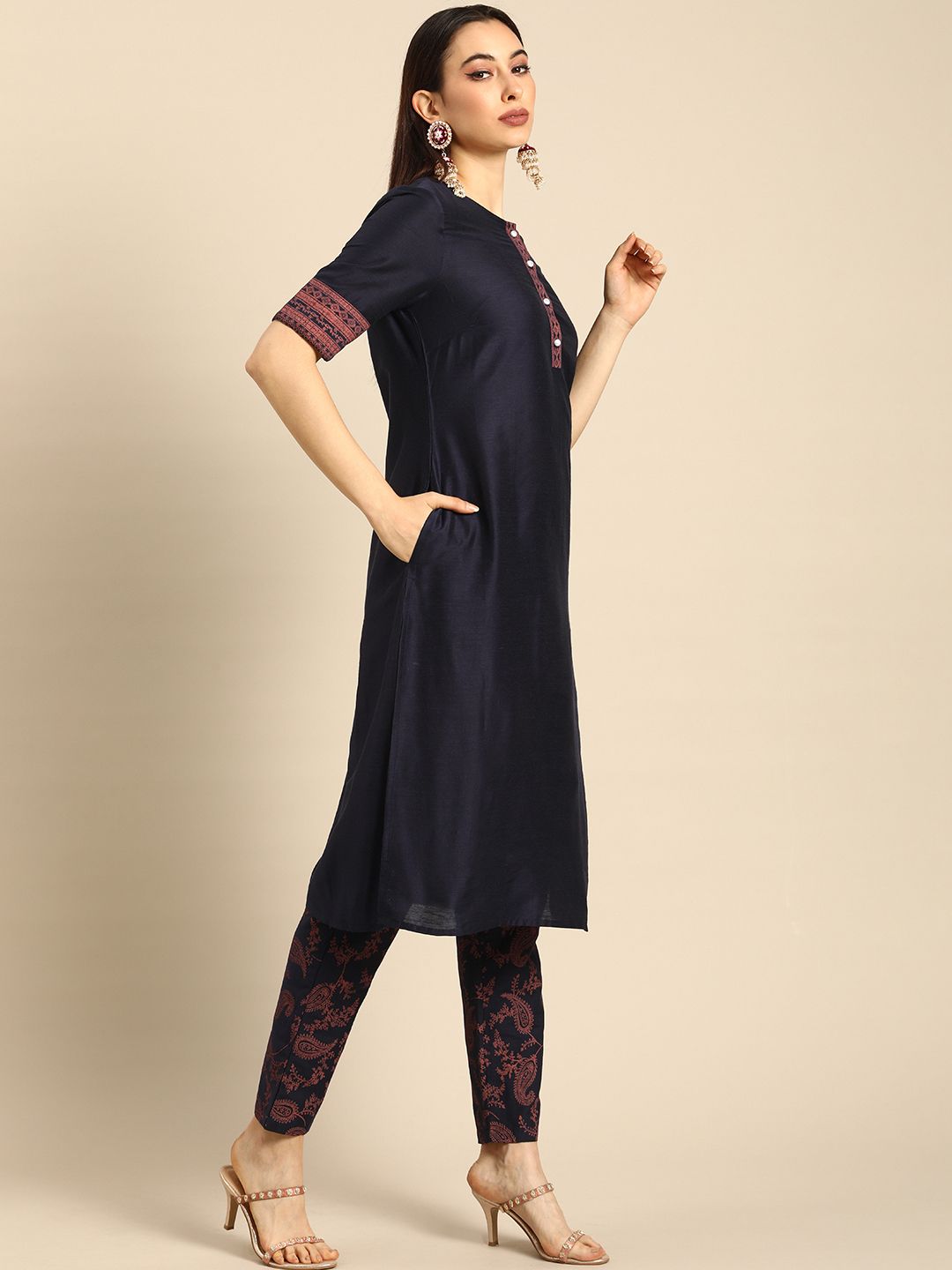 all about you Women Navy Blue Ethnic Motifs Printed Regular Kurta with Printed Trousers