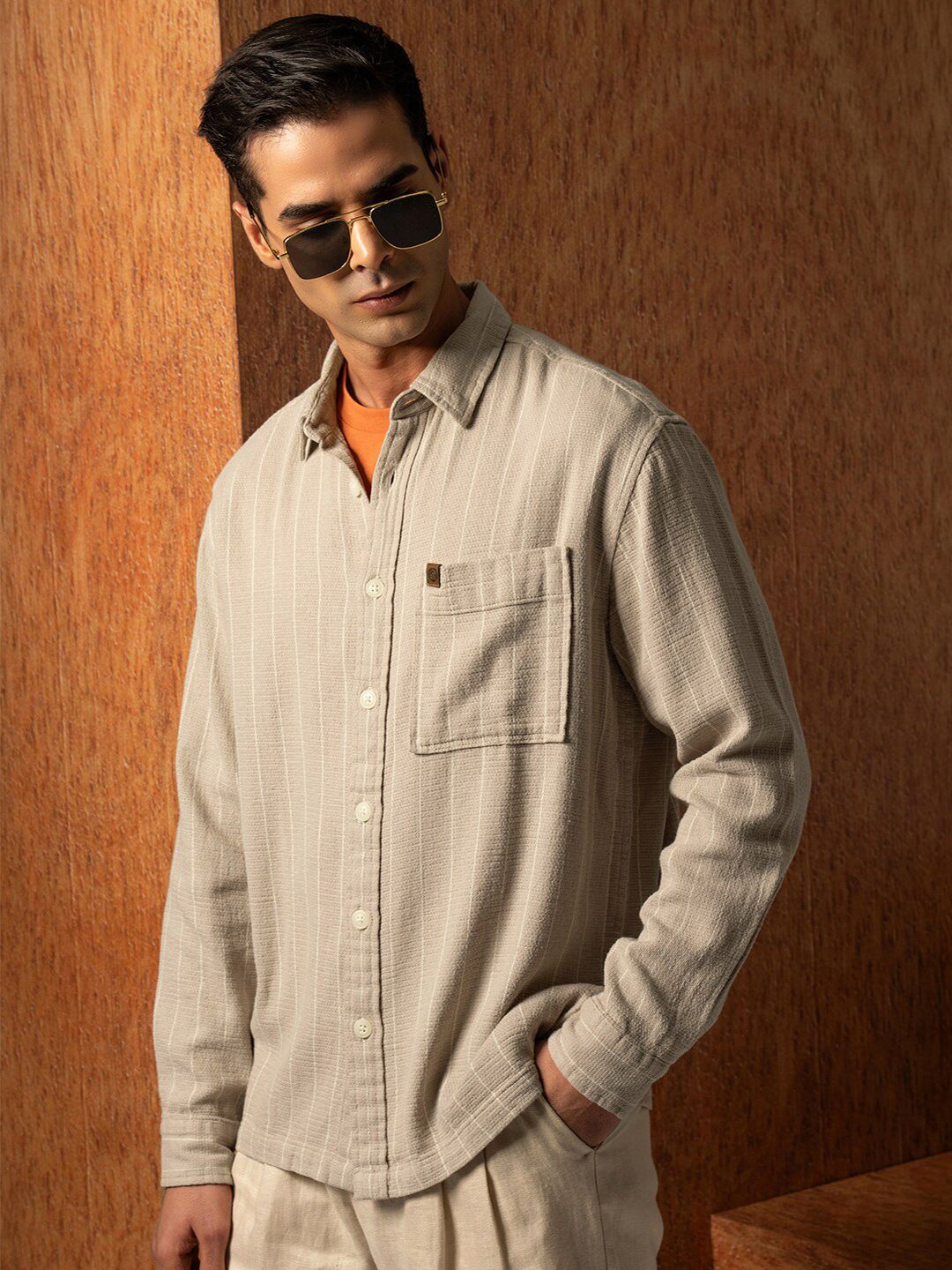 LOCOMOTIVE Oversized Dobby Textured Striped Overshirt