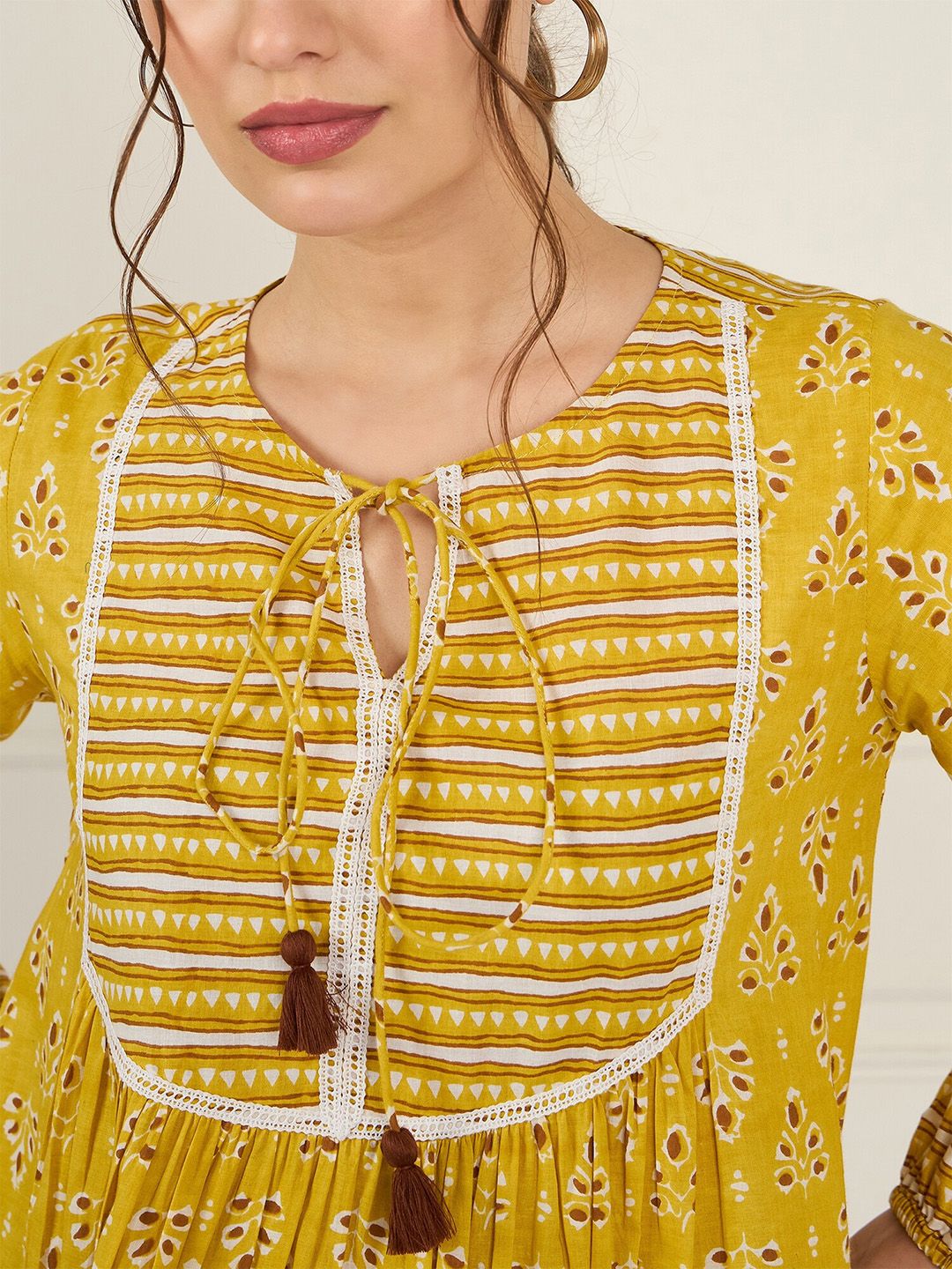 Antheaa Print Tie-Up Neck Puff Sleeve Cotton Top