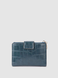 Lino Perros Women Teal Blue Croc Textured Two Fold Wallet