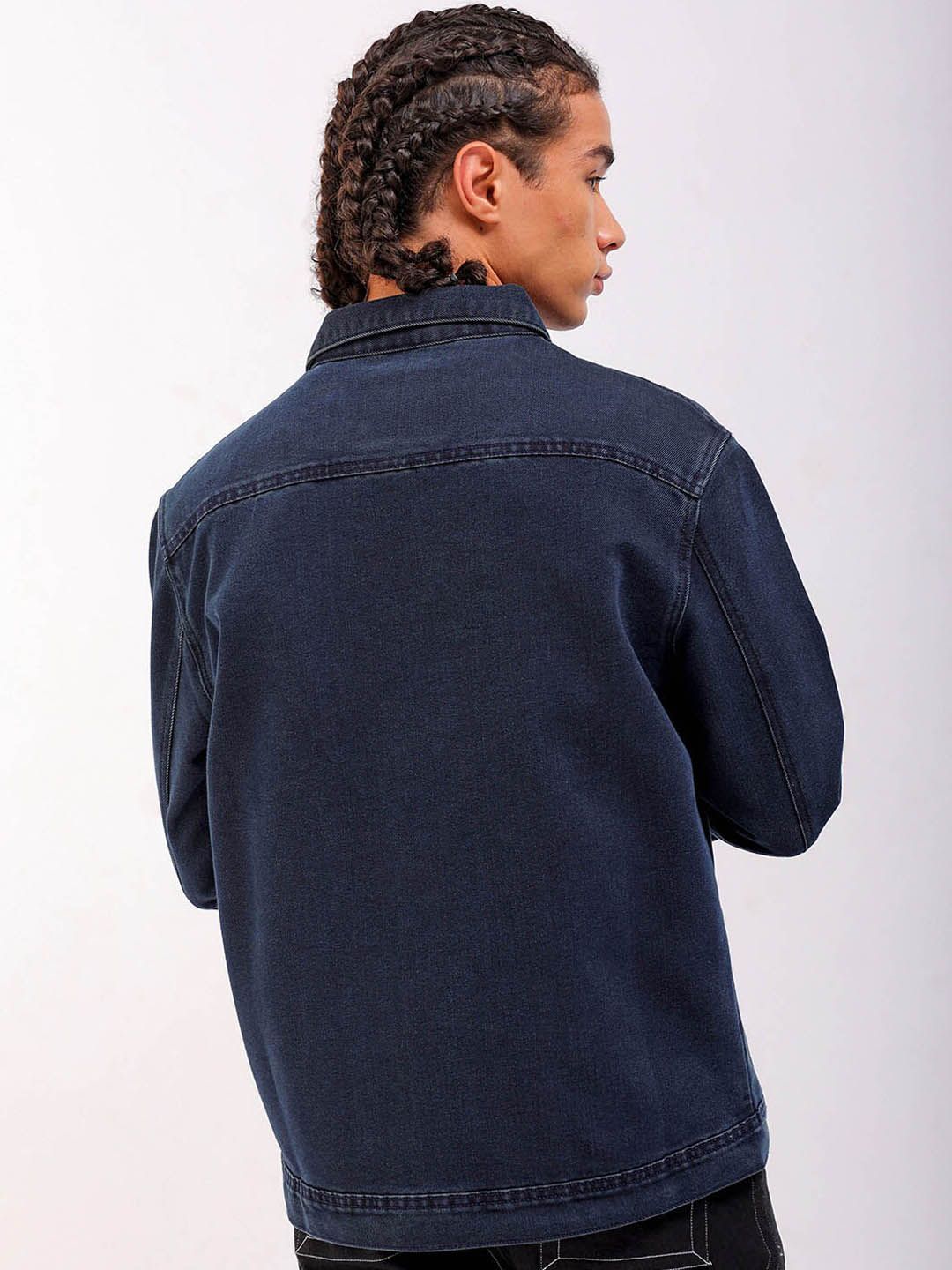 The Indian Garage Co Washed Checked Crop Denim Jacket with Patchwork