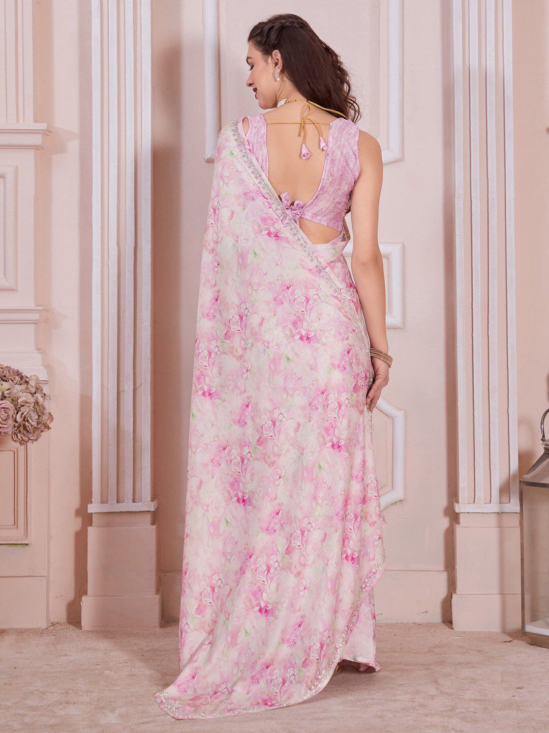 Saree mall Floral Printed Beads & Stones Satin Saree