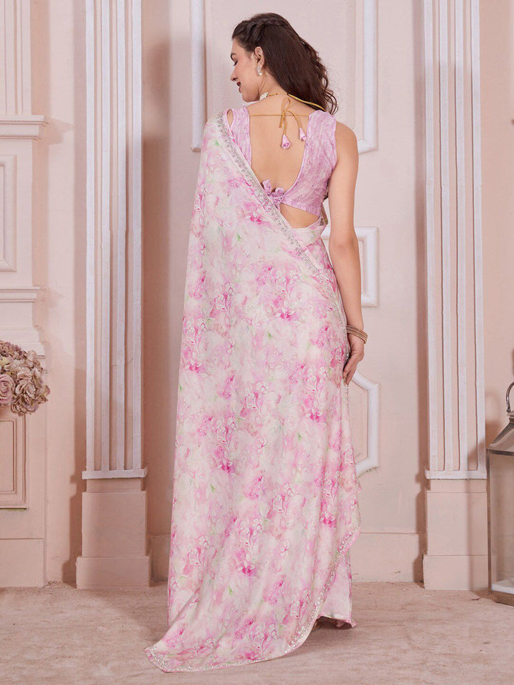 Saree mall Floral Printed Beads & Stones Satin Saree