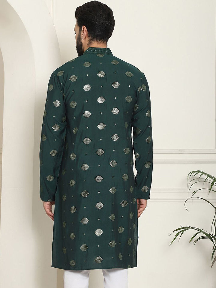 SOJANYA Men  Cotton Silk Sequinned Embroidered Green Long Geometric Thread Work Kurta