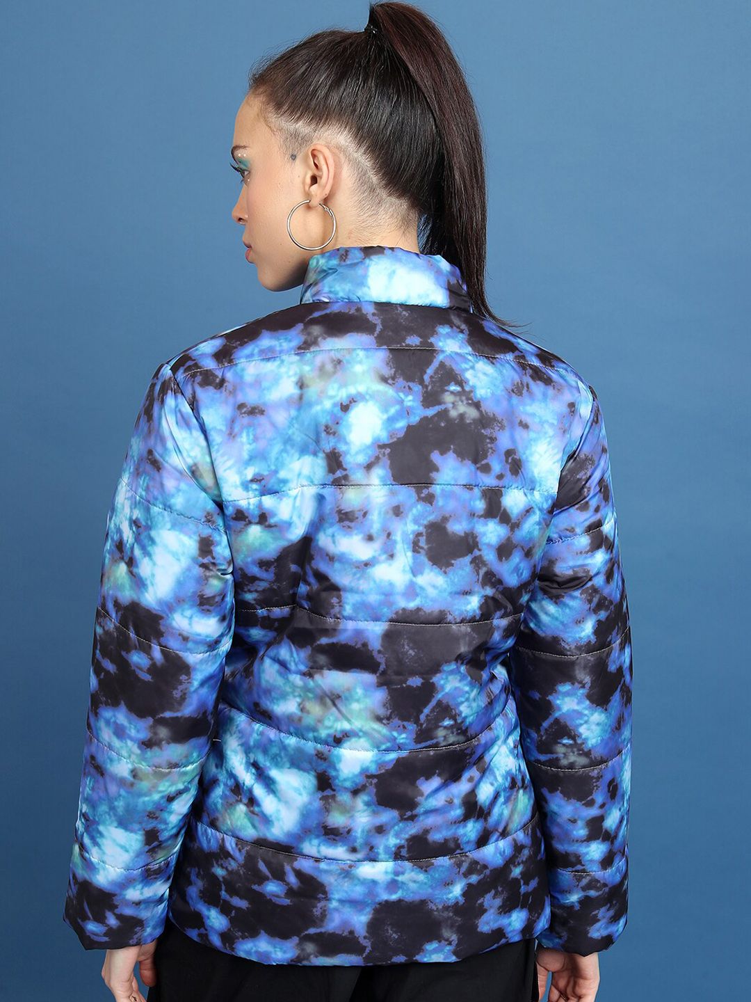 Tokyo Talkies Blue Abstract Printed Mock Collar Padded Jacket
