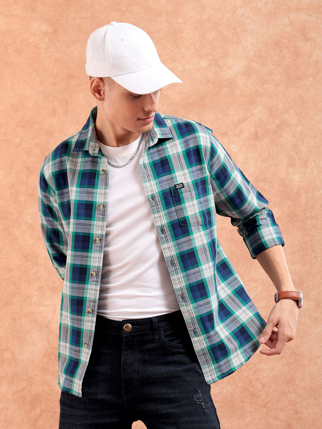 The Indian Garage Co Men Green & Navy Blue Regular Fit Checked Casual Shirt