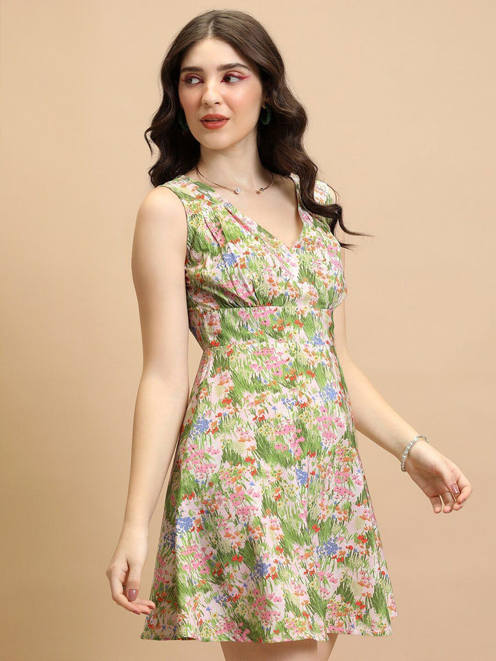 Tokyo Talkies Pink & Green Floral Printed A-Line Mini Dress