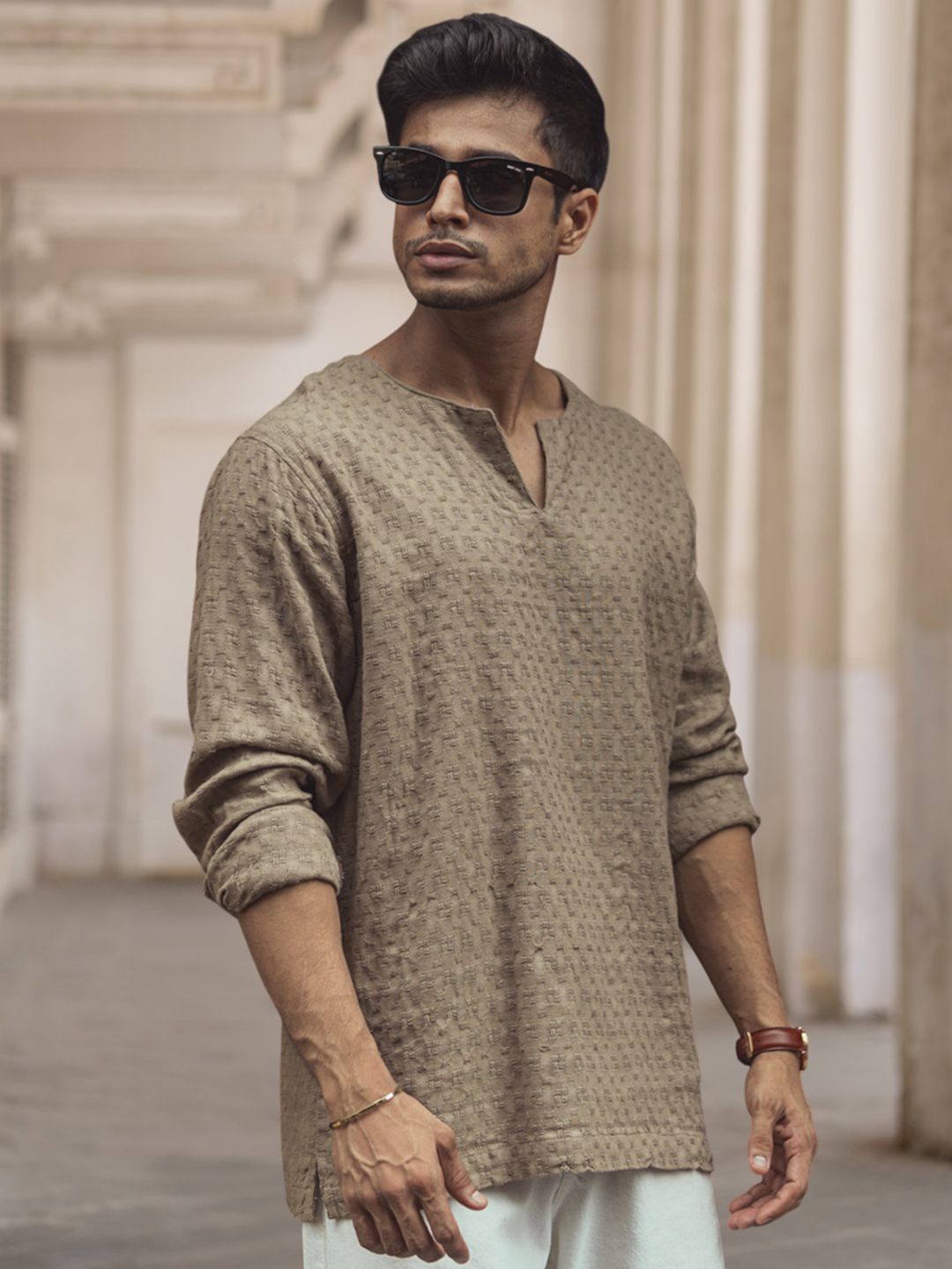 Powerlook Men Collarless Popcorn Texture Pure Cotton Casual Shirt