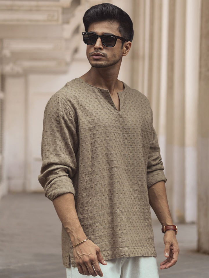Powerlook Men Collarless Popcorn Texture Pure Cotton Casual Shirt