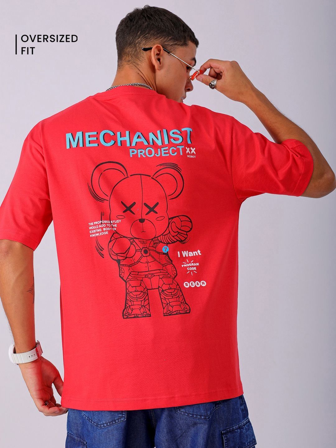 The Indian Garage Co Men Pure Cotton Back Printed Boxy Oversized Round Neck T-shirt