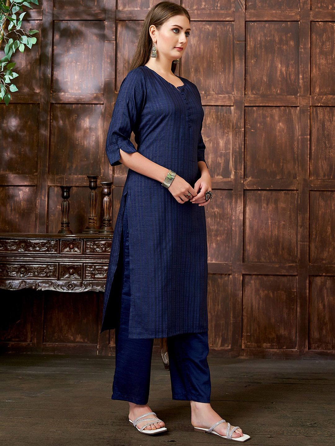 KALINI Women Striped Printed Notch Neck Straight Kurta With Trouser