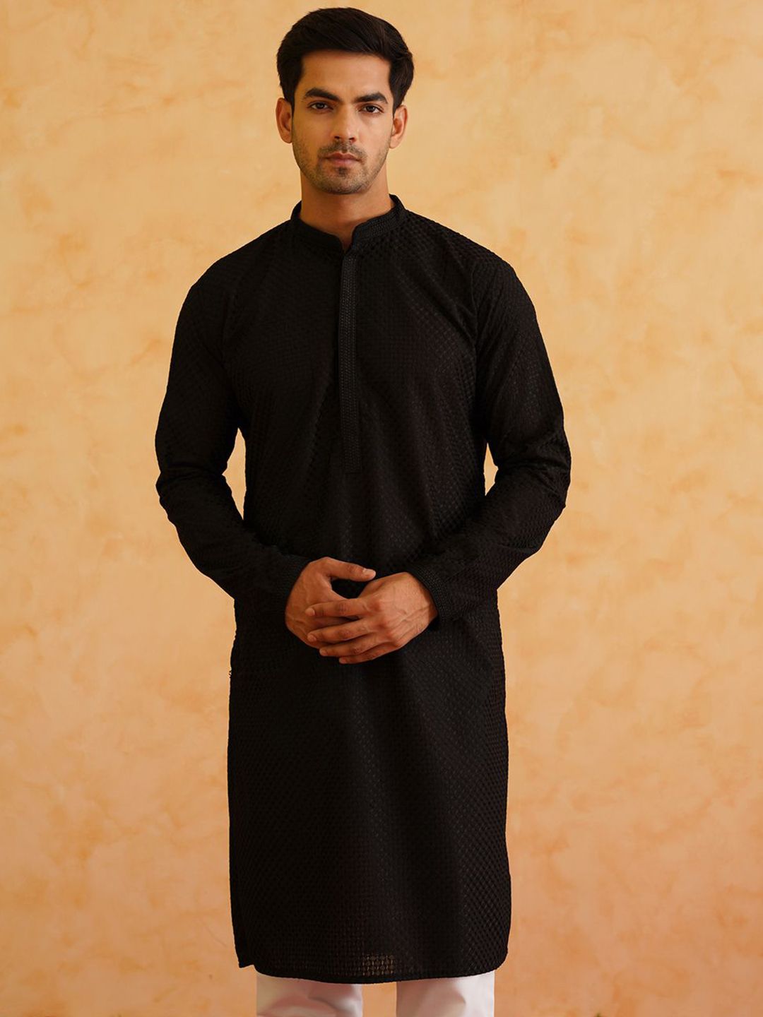 SOJANYA Checked Self Design Mandarin Collar Pure Cotton Kurta With Pyjamas
