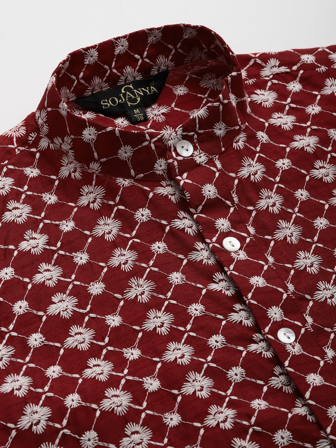 SOJANYA Men Maroon Chikankari Embroidered Kurta with Churidar & Nehru Jacket
