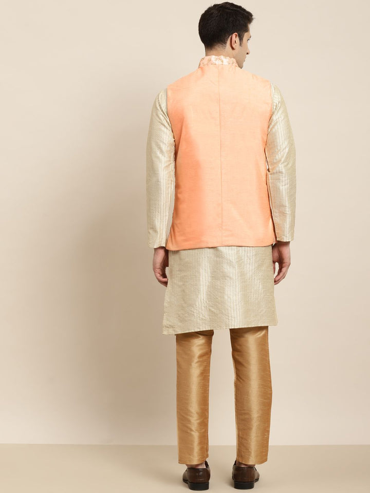 SOJANYA Men Cream-Coloured Kurta with Churidar & Nehru Jacket