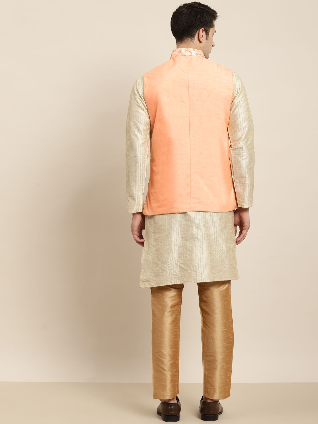 SOJANYA Men Cream-Coloured Kurta with Churidar & Nehru Jacket
