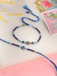 NVR Set of 2 Blue Evil Eye Artificial Beads Bhaiya Bhabhi Rakhi with Roli Chawal