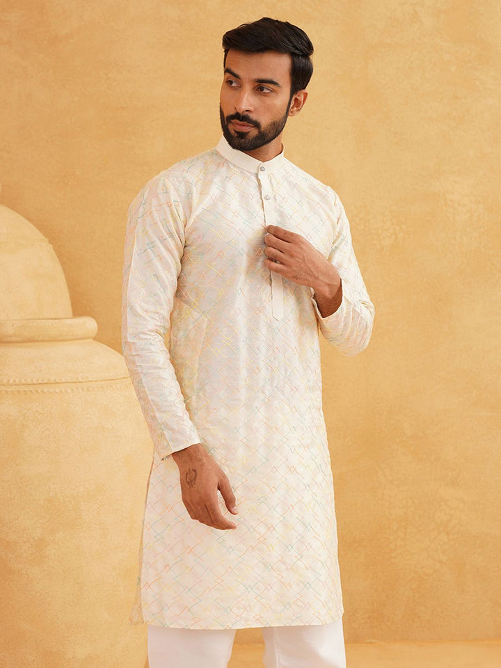 SOJANYA Kurta Kolar Mandarin Sulam Geometri Lelaki