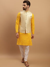 SOJANYA Embroidered Sequinned Pure Cotton Kurta with Churidar & Woven Design Nehru Jacket