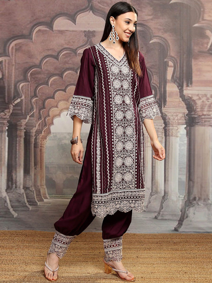 Vishudh Maroon Embroidered Thread Work Straight Kurta With Trousers & Dupatta