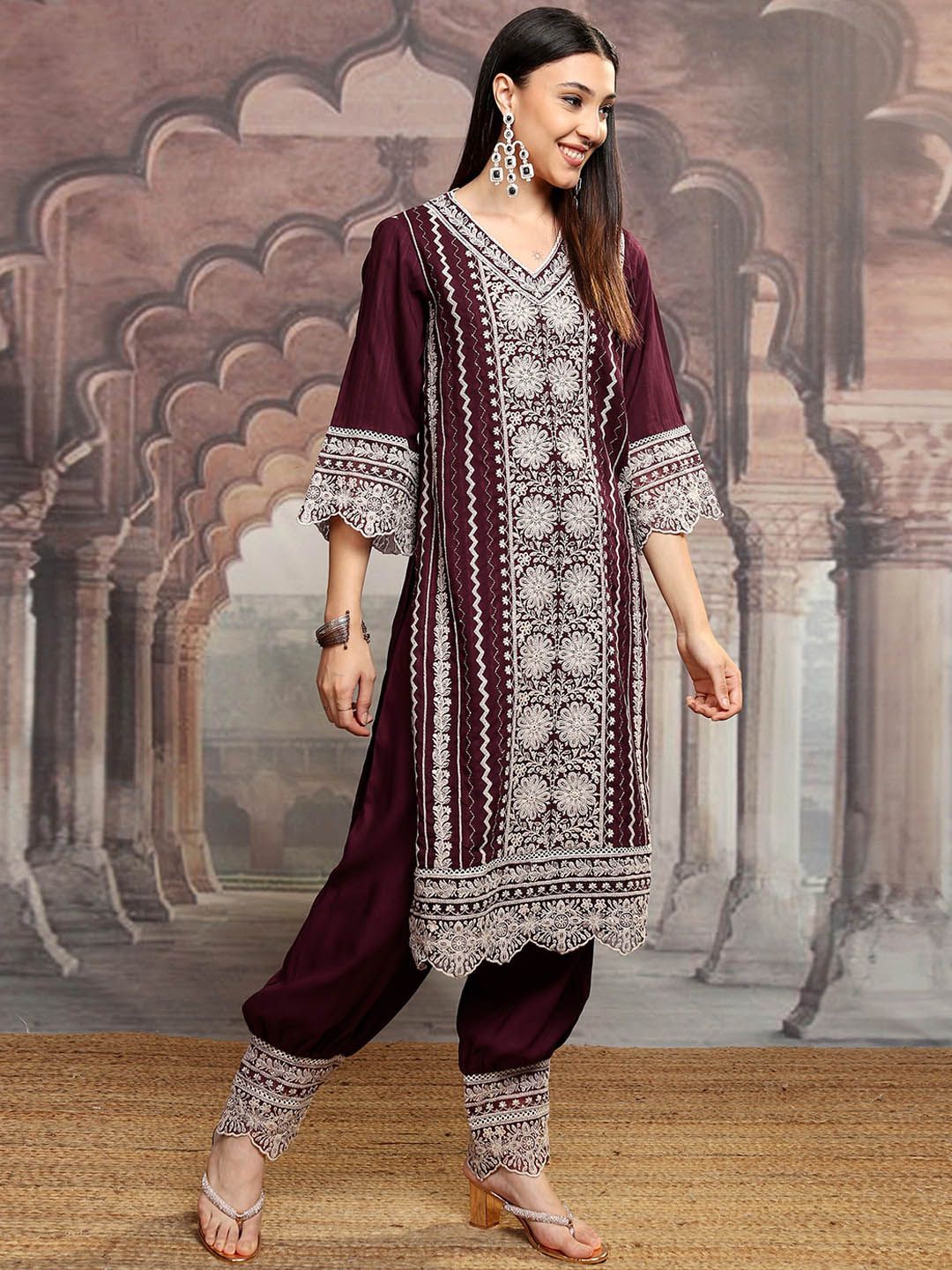 Vishudh Maroon Embroidered Thread Work Straight Kurta With Trousers & Dupatta