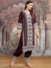 Vishudh Maroon Embroidered Thread Work Straight Kurta With Trousers & Dupatta