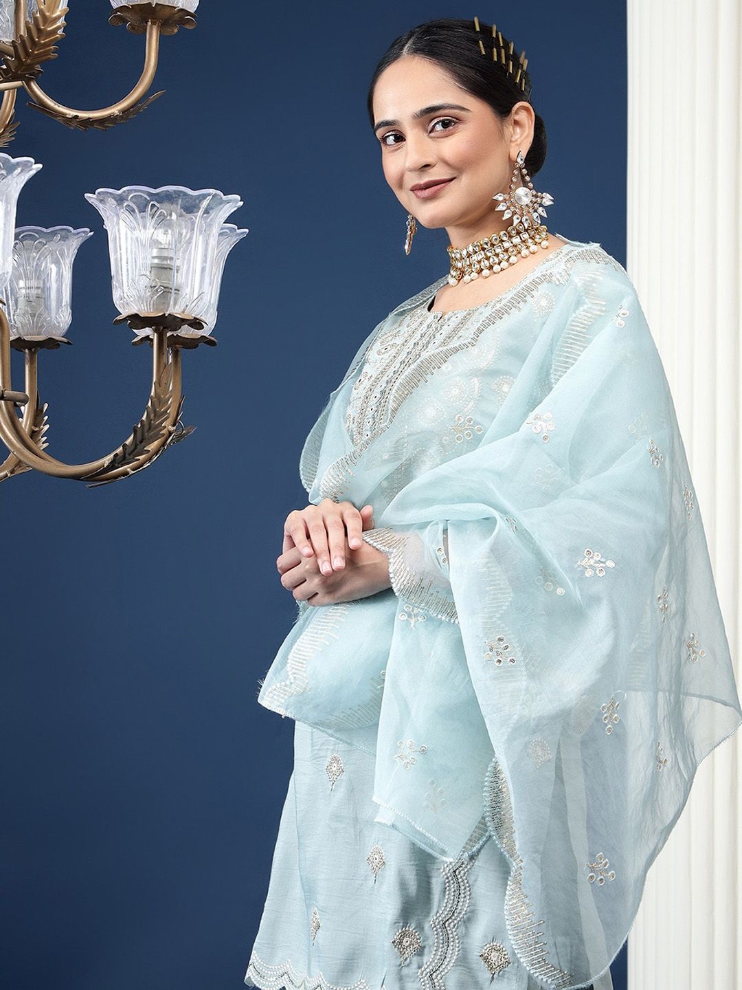 Bani Women Ethnic Motifs Embroidered High Slit Sequinned Kurta With Palazzos & Dupatta