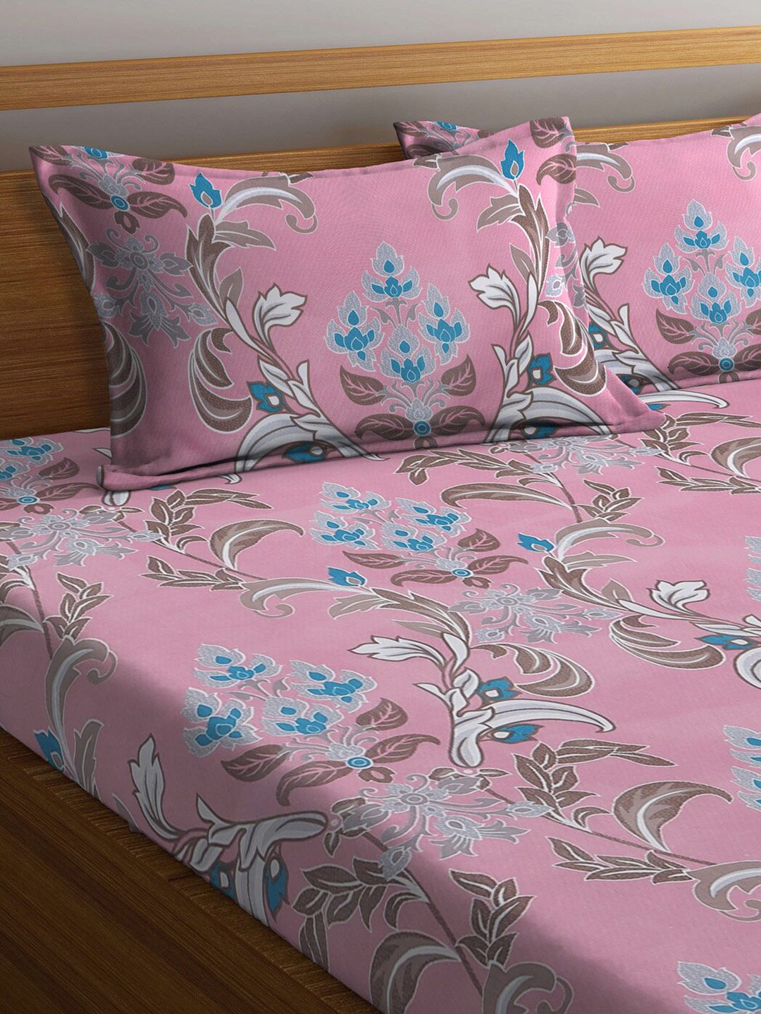 KLOTTHE Pink Floral Polycotton 300 TC King Fine Bedsheet with 2 Pillow Covers-106 x 106 inches