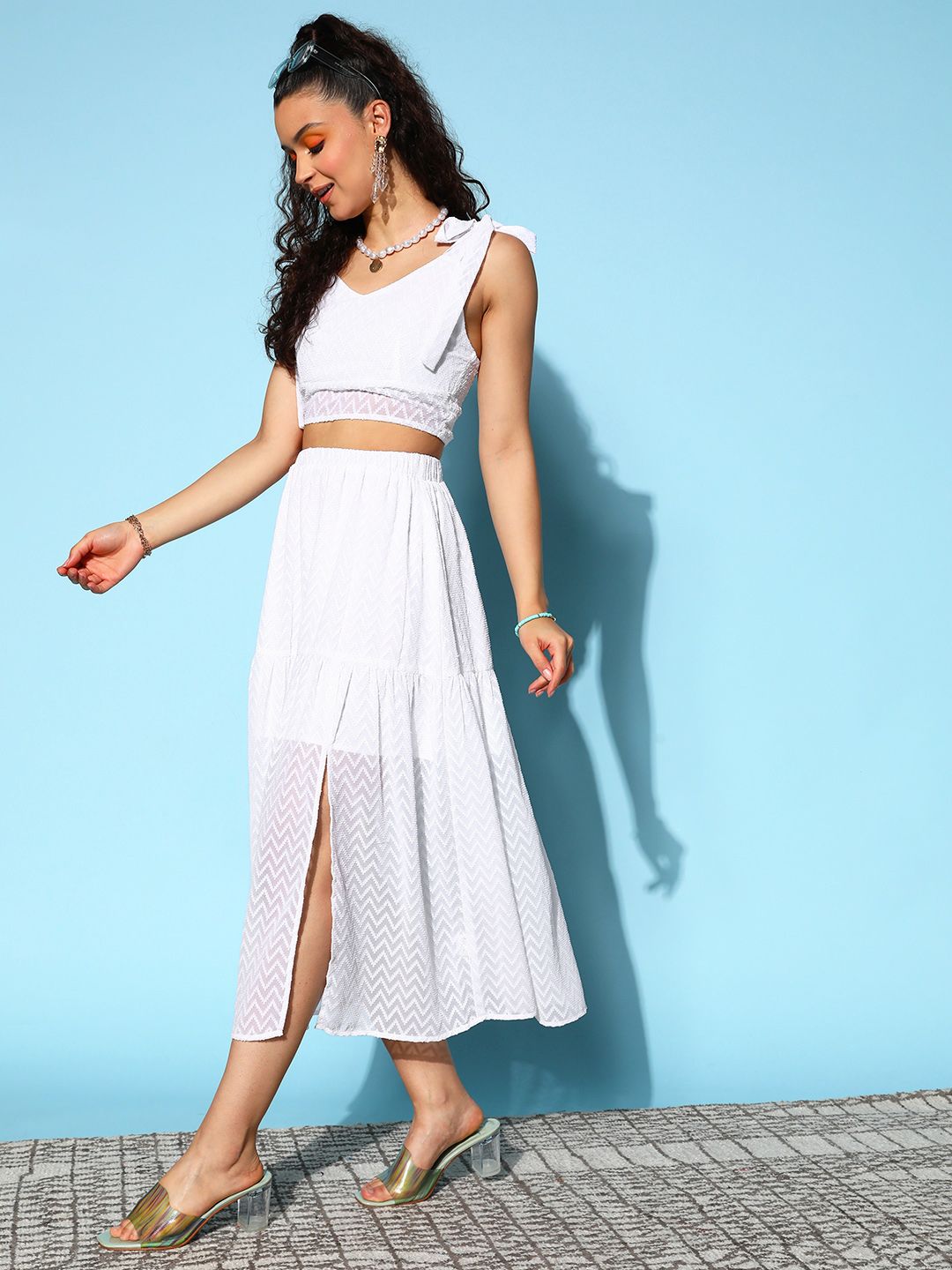 Berrylush Women White Solid Back Tie Shoulder Cami Top & Slit Skirt