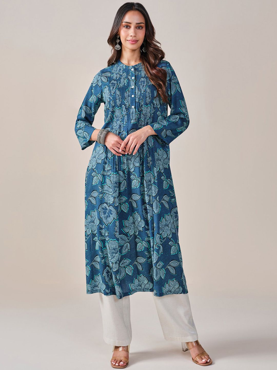 Global Desi Floral Printed Mandarin Collar Pleated Kurta