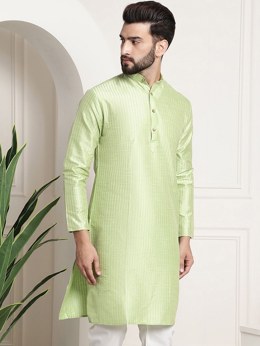 SOJANYA Striped Band Collar Long Sleeves Straight Kurta