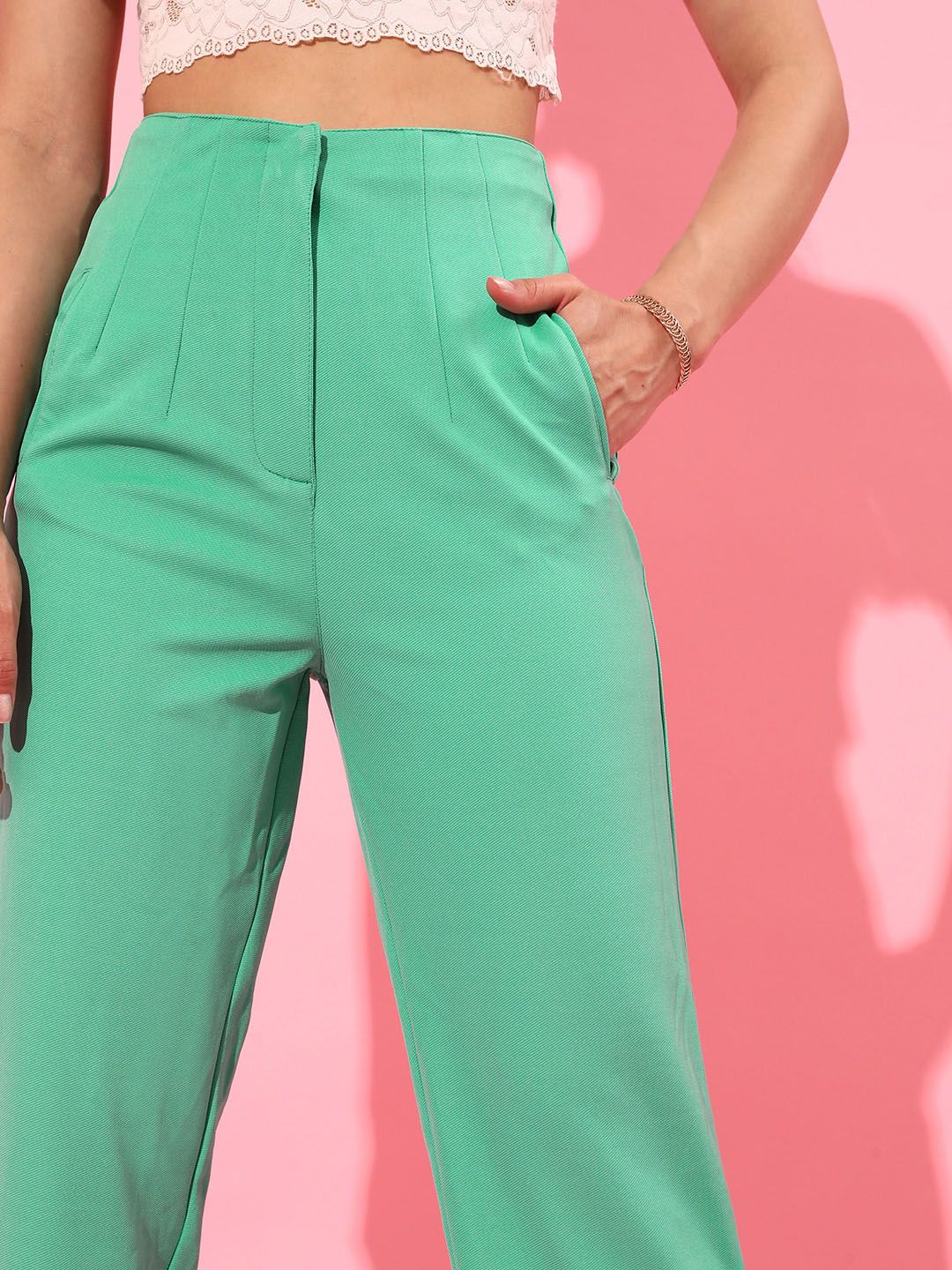 WORK IT by STREET 9 Women Green Straight Fit High-Rise Pleated Trousers