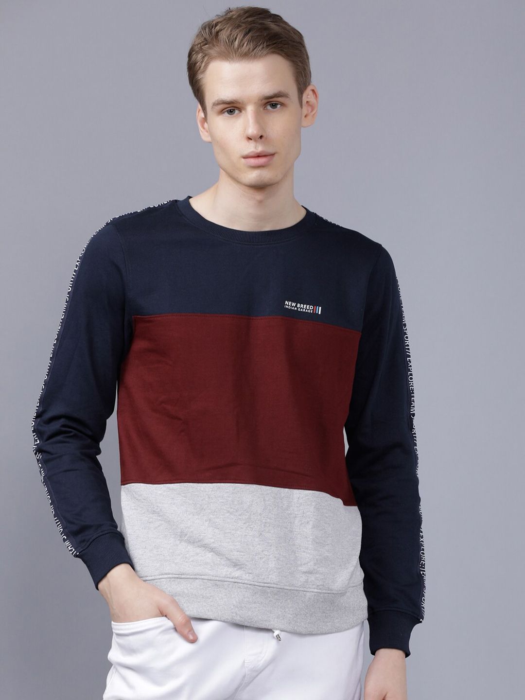 The Indian Garage Co Men Navy Blue & Maroon Colourblocked Hooded Sweatshirt