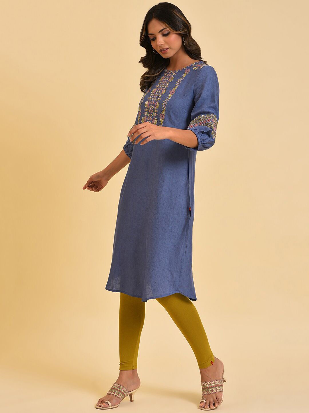 W Blue & Mustard Yellow Geometric Embroidered Kurta