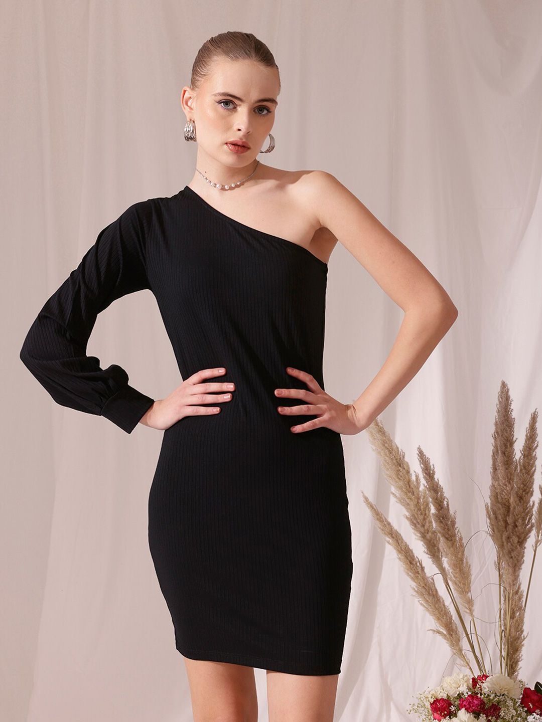 STREET 9 One Shoulder Long Puff Sleeves A-Line Dress