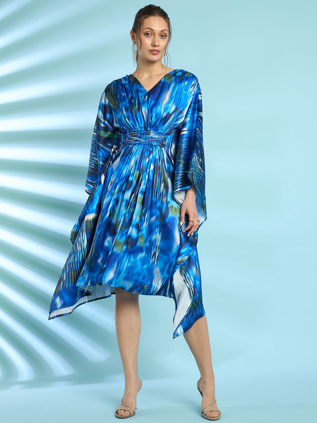 Antheaa Embellished Print Flared Sleeve Satin Kaftan Dress