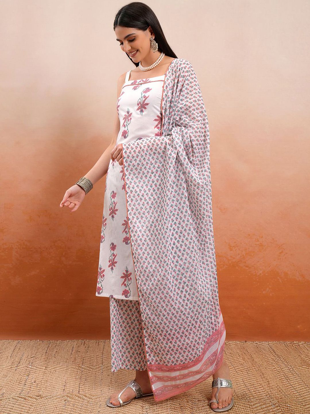 Vishudh White Printed Shoulder Straps Pure Cotton Straight Kurta With Palazzos & Dupatta