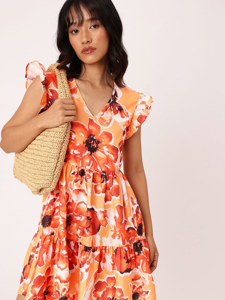 DressBerry Vibrant Chic Floral Printed Flutter Sleeve Gathered Tiered A-Line Mini Dress