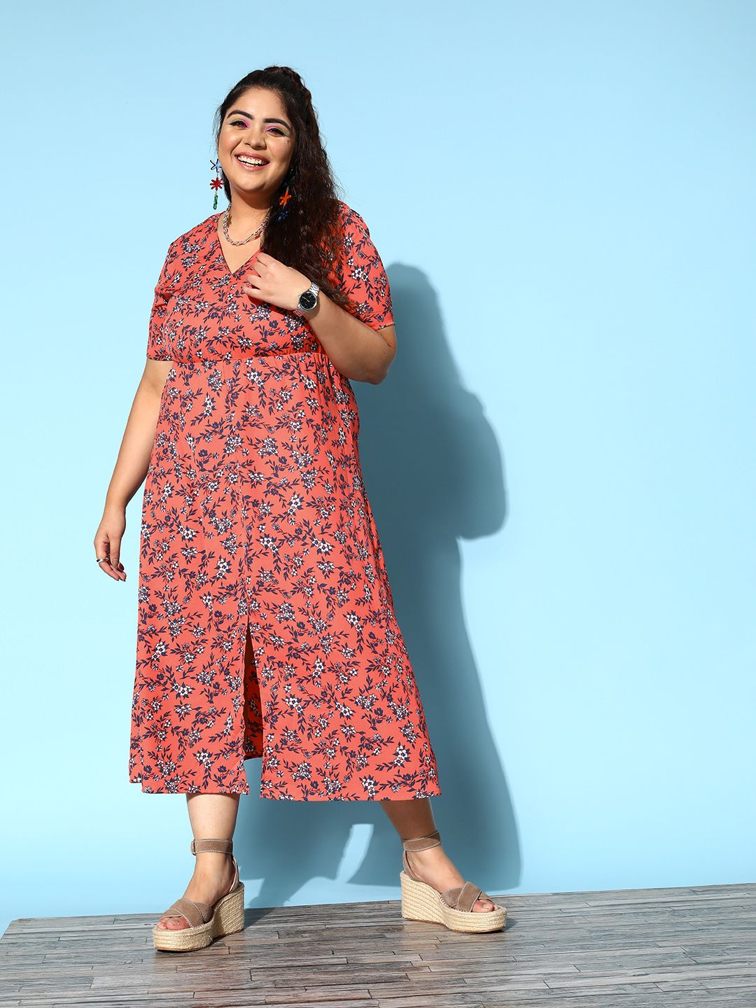 Berrylush Curve Women Bright Orange Floral New Neckline Dress