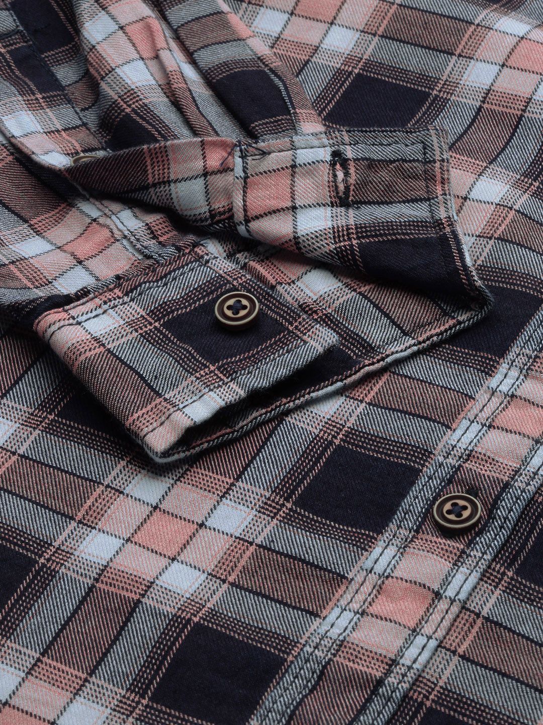 The Indian Garage Co Men Navy Blue & Peach-Coloured Cotton Checked Casual Shirt