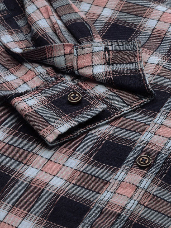 The Indian Garage Co Men Navy Blue & Peach-Coloured Cotton Checked Casual Shirt