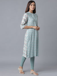 W Women Blue Geometric Checked Flared Sleeves Thread Work Kurta