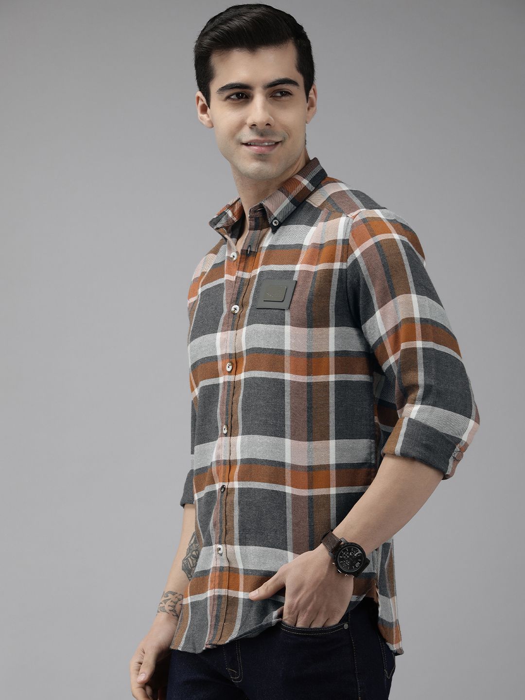 THE BEAR HOUSE Ardor Edition Men Orange Slim Fit Tartan Checked  Pure Cotton Casual Shirt