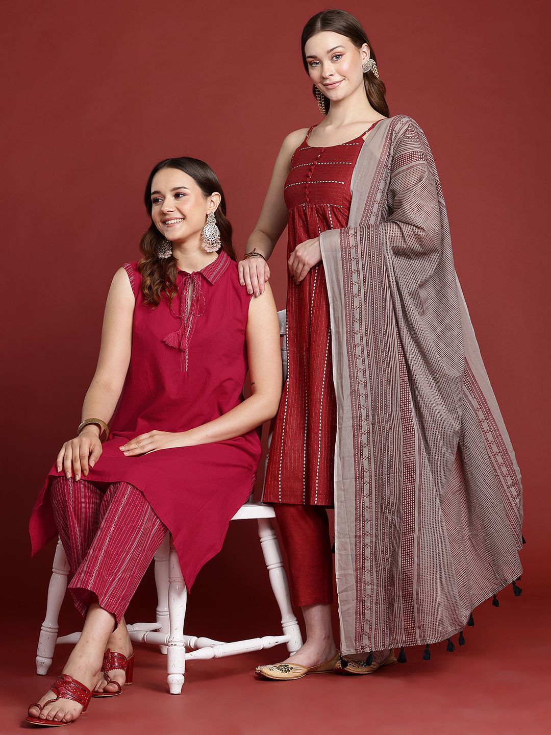 Anouk Women Woven Design A-Line Kurta With Trousers & Printed Dupatta