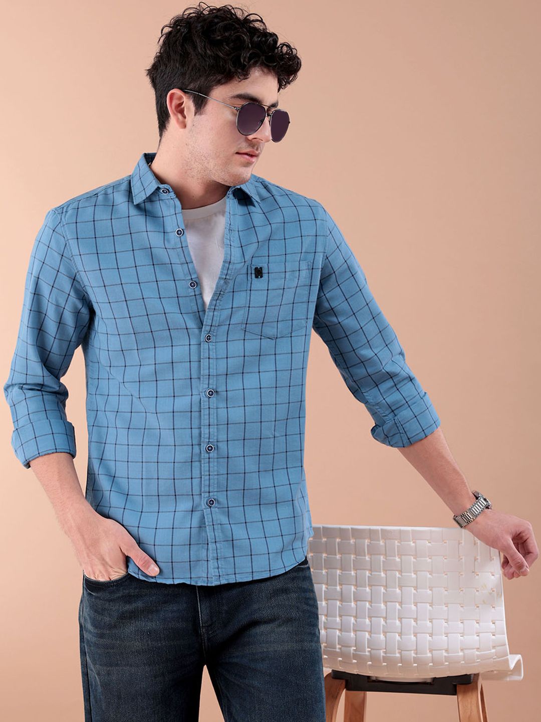 The Indian Garage Co Checked Pure Cotton Casual T-Shirt
