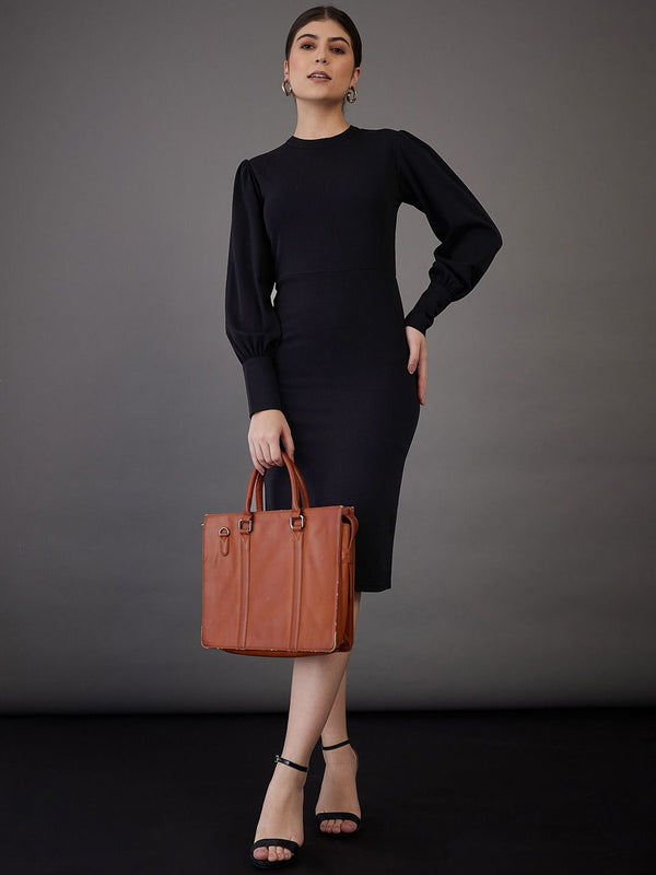 SASSAFRAS worklyf High Neck Puff Sleeves Formal Sheath Dress
