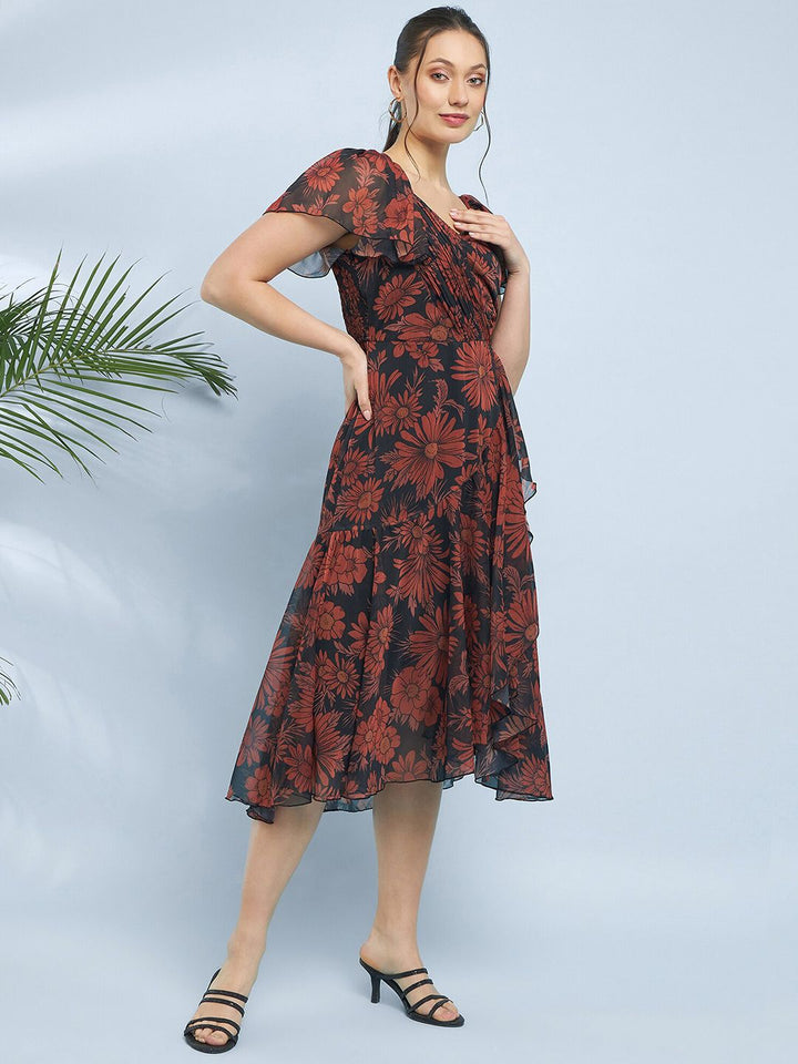 Antheaa Floral Printed Chiffon Fit & Flare Midi Dress